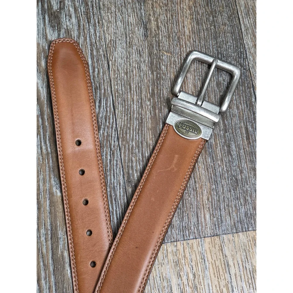Fossil Mens Reversible Leather Belt Tan Brown Black Silver Buckle 34